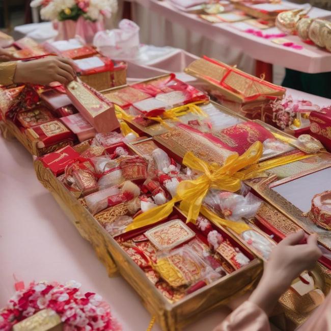 Hình ảnh cận cảnh quá trình sắp xếp, trang trí tráp ăn hỏi 7 lễ, thể hiện sự tỉ mỉ và khéo léo trong việc chuẩn bị lễ vật cưới hỏi truyền thống