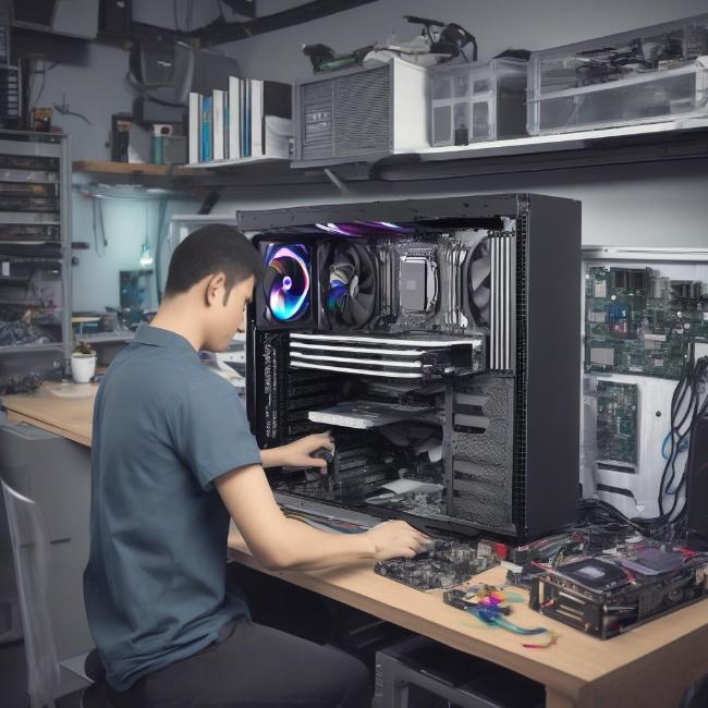 Kỹ thuật viên đang lắp ráp PC gaming tại khu vực dịch vụ của cửa hàng máy tính An Hùng