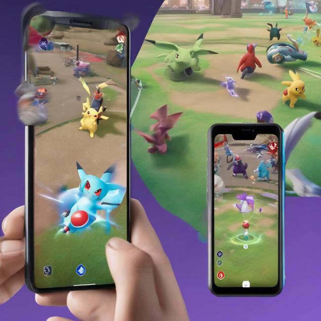 Minh họa các game pokemon trên điện thoại như Pokemon GO và Unite, pokemon dòng trò chơi trò chơi.