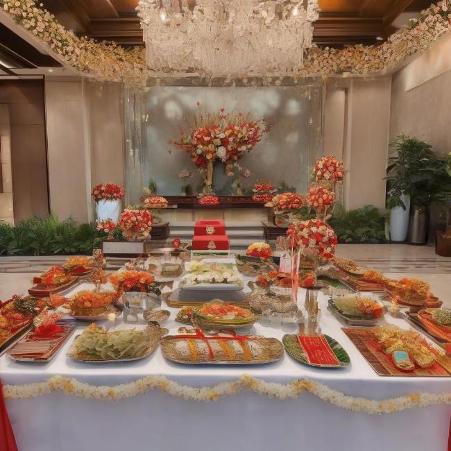 Hình ảnh tổng quan một lễ ăn hỏi truyền thống với đầy đủ 7 tráp lễ vật được sắp xếp ngay ngắn, thể hiện không khí trang trọng của buổi lễ