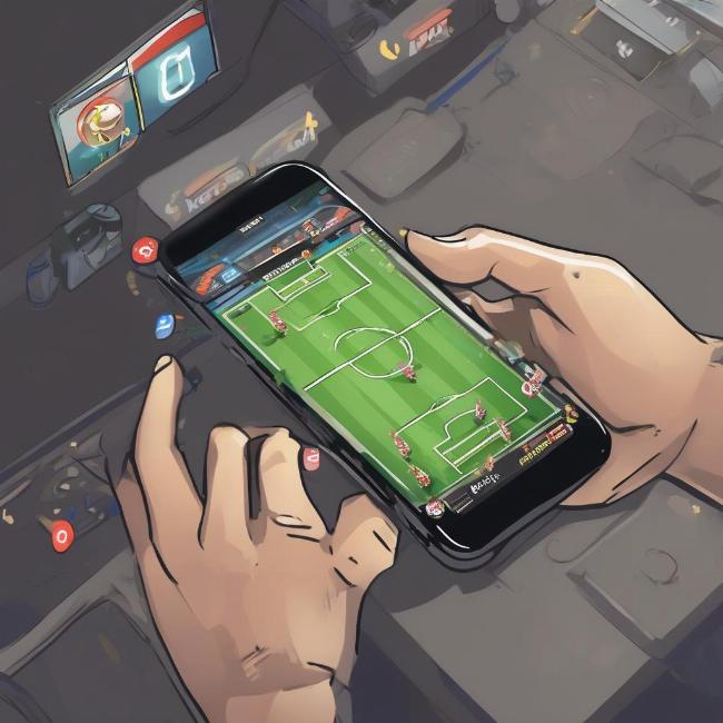Hình ảnh minh họa các nút điều khiển và giao diện gameplay của một trò chơi đá banh online trên điện thoại