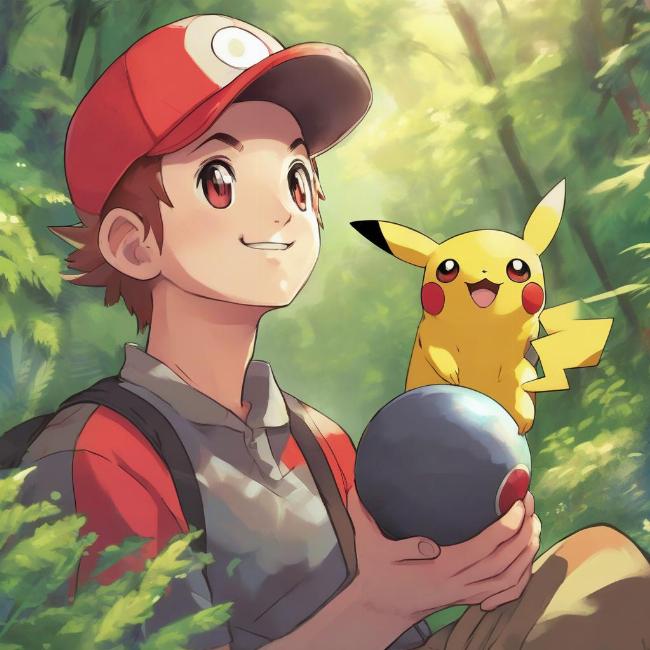 Pikachu và huấn luyện viên trong rừng, khám phá thế giới pokemon dòng trò chơi trò chơi.