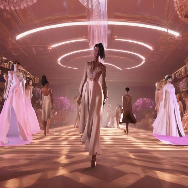 Một cảnh trình diễn thời trang 3D trên sàn runway ảo, với các người mẫu mặc trang phục ấn tượng dưới ánh đèn sân khấu.