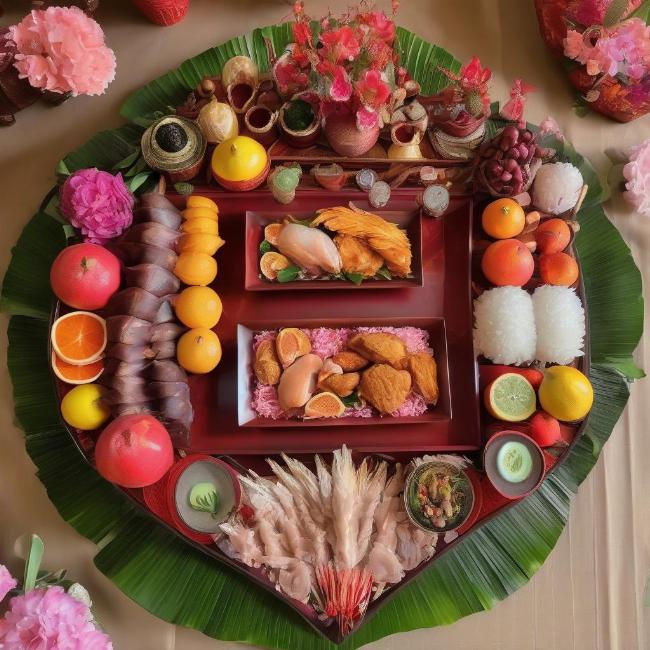 Hình ảnh tráp xôi gấc màu đỏ may mắn, tráp gà luộc hoặc lợn quay đầy đặn và tráp hoa quả tươi ngon trong bộ tráp ăn hỏi 7 lễ, thể hiện sự sung túc và lời chúc phúc cho đôi trẻ