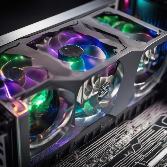 Cận cảnh cấu tạo máy tính với chi tiết card đồ họa gaming hiện đại có đèn LED RGB rực rỡ