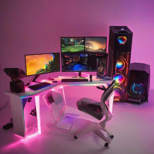 Một góc làm việc gaming hoàn chỉnh với cấu tạo máy tính mạnh mẽ và các thiết bị ngoại vi đồng bộ