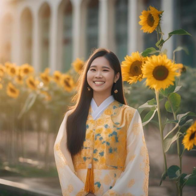 Nữ sinh duyên dáng trong tà áo dài hoa hướng dương vàng rực rỡ chụp ảnh kỷ yếu cùng bạn bè tại sân trường