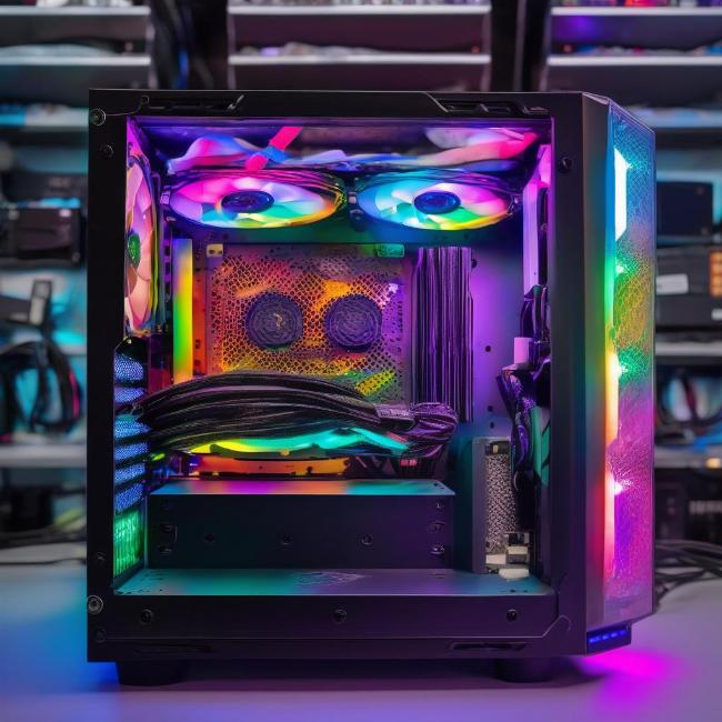 Một bộ nguồn máy tính 800W chất lượng cao đang được lắp vào một case máy tính gaming hiện đại với đèn LED RGB rực rỡ và card đồ họa mạnh mẽ