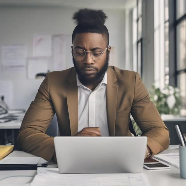 Một nhân viên văn phòng trẻ tuổi đang tập trung suy nghĩ và soạn thảo một email chuyên nghiệp trên laptop để đặt câu hỏi với sếp, thể hiện sự cẩn trọng và tư duy logic.